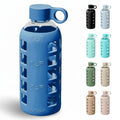 Purifyou 40/32/22/12 Oz Borosilicate Glass Water Bottles with Volume Markers, Silicone Sleeve, Stainless Steel Lid, Reusable Bottle for Water,