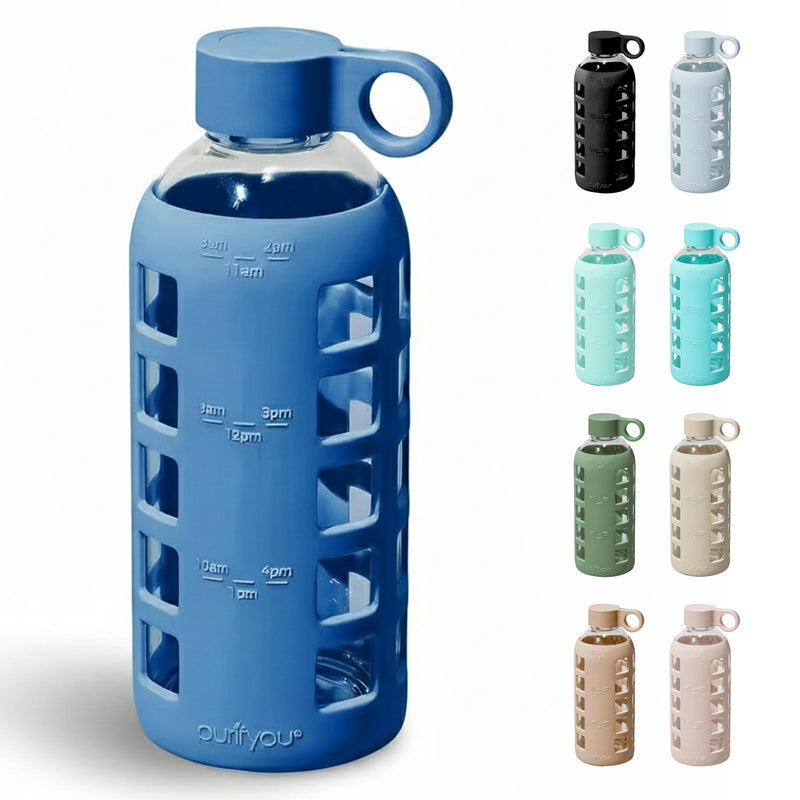 Purifyou 40/32/22/12 Oz Borosilicate Glass Water Bottles with Volume Markers, Silicone Sleeve, Stainless Steel Lid, Reusable Bottle for Water,