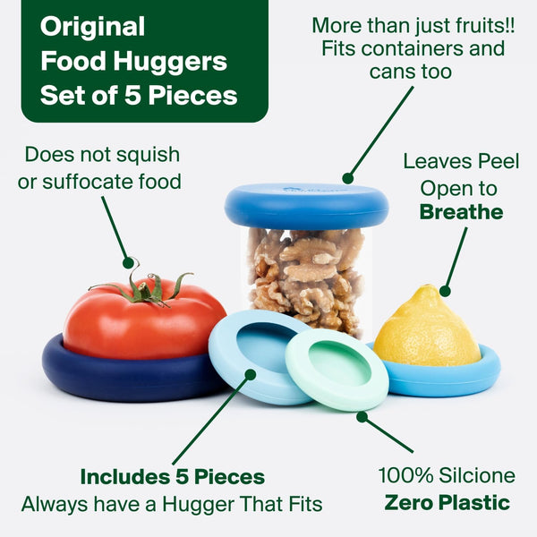 Food Huggers 5Pc Reusable Silicone Food Savers | BPA Free & Dishwasher Safe | Fruit & Vegetable Produce Storage for Onion, Tomato, Lemon, Banana,