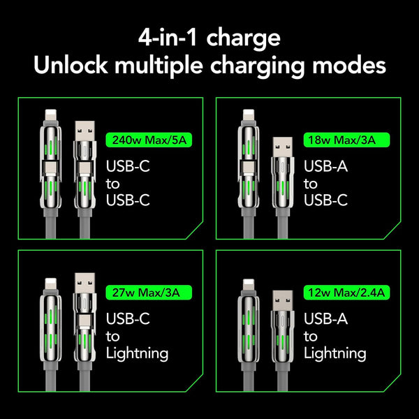 4-In-1 Coiled Universal USB Charging Cable -MAX 240W Fast Charging/Charger Cord with Multi USB Port for Iphone 16/15 14 13 Ipad Samsung Galaxy