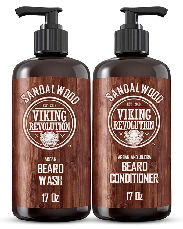 Viking Revolution Beard Wash & Beard Conditioner Set with Argan & Jojoba Oils - Softens and Strengthens - Natural Sandalwood Scent - Beard Shampoo