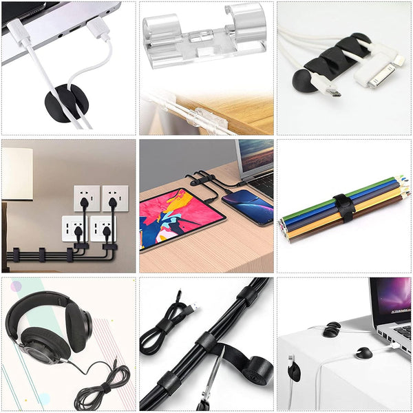 N NOROCME Cord Management Organizer Kit 4 Cable Sleeve Split with 41Self Adhesive Clips Holder, 10Pcs and 2 Roll Self Tie 100 Fastening Ties for