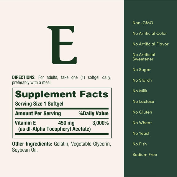 Nature's Bounty Vitamin E 1000 IU Softgels, Supports Antioxidant Health & Immune System, 1 Serving per Day, No Gluten, 60 Softgels (Pack of 1) 60