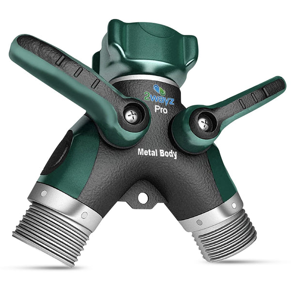 2WAYZ Hose Splitter 2 Way Heavy Duty Outdoor Faucet and Garden Connector - Water Spigot Splitter - Durable All-Metal Y Adapter with Shut-Off Valve