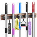 IMILLET Broom Holder Wall Mount, Rustic Wood Broom Hanger with 5 Racks and 4 Hooks, Laundry Room Organization and Storage, Mop Holder for Home