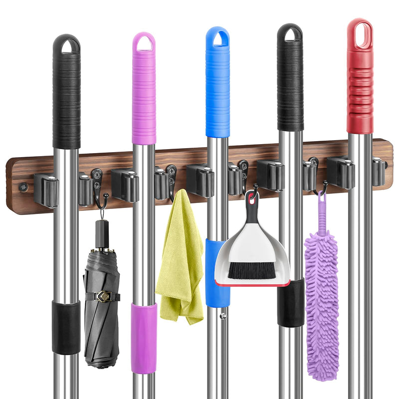 IMILLET Broom Holder Wall Mount, Rustic Wood Broom Hanger with 5 Racks and 4 Hooks, Laundry Room Organization and Storage, Mop Holder for Home