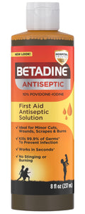 Betadine Antiseptic First Aid Solution, Povidone-Iodine 10%, Infection Protection, Kills Germs in Minor Cuts Scrapes and Burns, No Sting Promise,