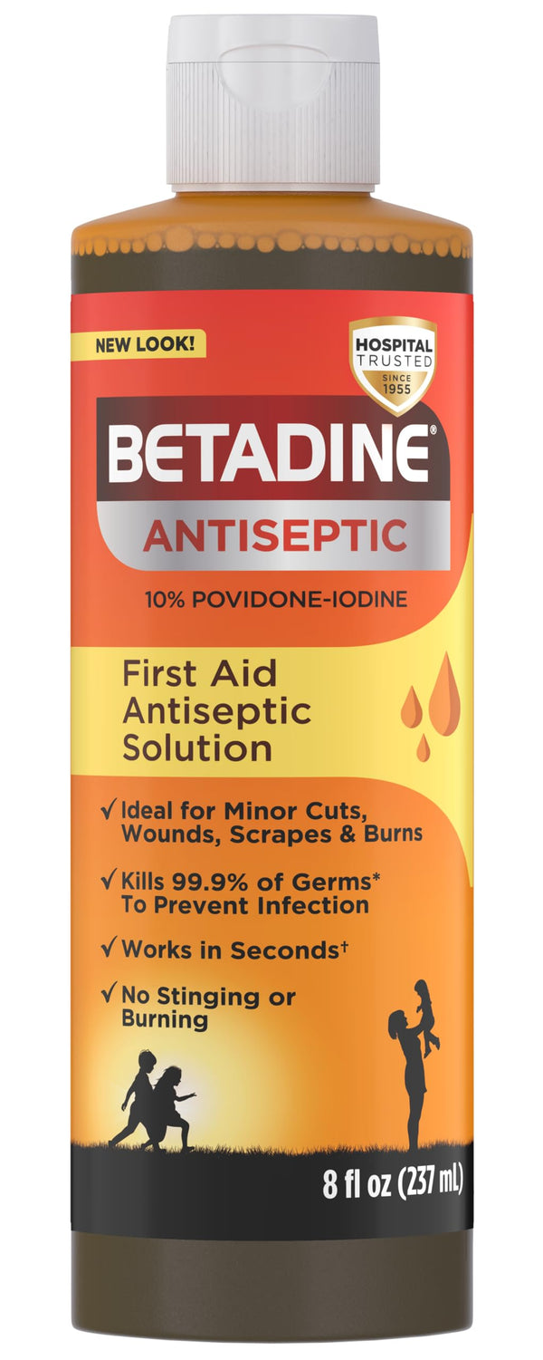 Betadine Antiseptic First Aid Solution, Povidone-Iodine 10%, Infection Protection, Kills Germs in Minor Cuts Scrapes and Burns, No Sting Promise,