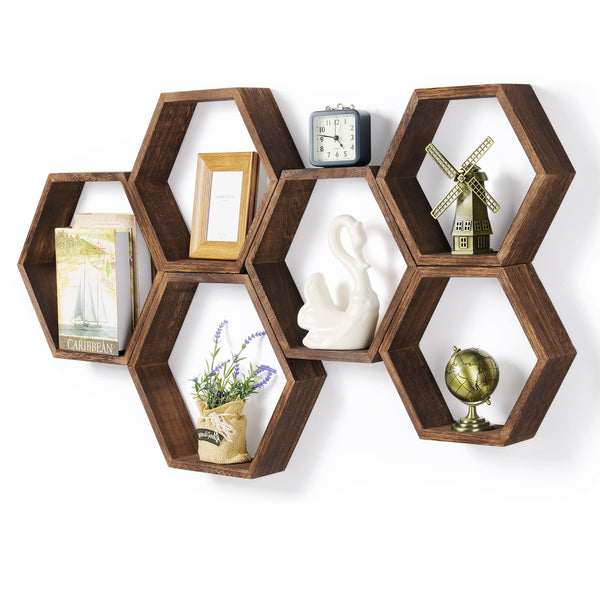 Hexagon Floating Shelves Set of 6 Farmhouse Honeycomb Wall Storage Shelf Wood Display Hexagonal Shelves Wall Mounted Hanging Rustic Shelf Racks
