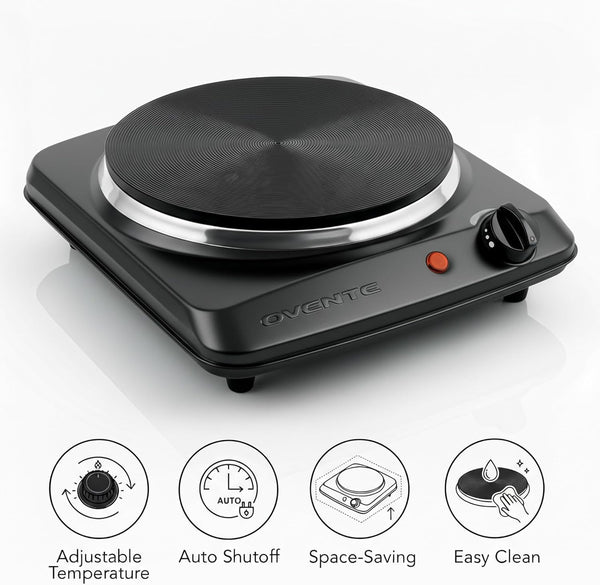 OVENTE Electric Countertop Single Burner, 1000W Cooktop with 7.25 Inch Cast Iron Hot Plate, 5 Level Temperature Control, Compact Cooking Stove and