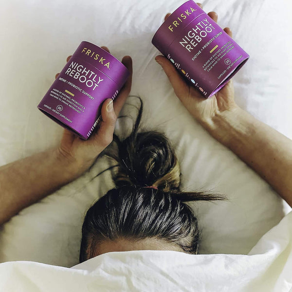 FRISKA Nightly Reboot Enzyme and Probiotics Supplement, Promotes Better Digestion and Sleep, Supports Gut Health for Men and Women, Melatonin,
