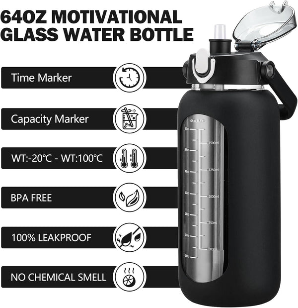 Kytffu 64Oz Glass Water Bottles with Straw, Half Gallon Motivational Glass Bottle with Silicone Sleeve and Time Marker, 2L Leakproof Large Glass