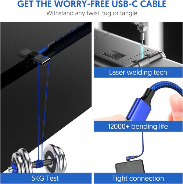 USB C Cable 90 Degree Right Angle[2Pack 10FT], USB a to Type C Nylon Braided Fast Charging Cable for Samsung Galaxy S22 Ultra/S22+/S22/S21, Note