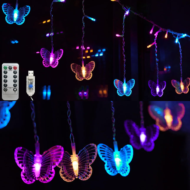 Butterfly Curtain Fairy Lights USB Plug In,8 Modes 120 LED 19.7FT Firefly Twinkle Timer String Lights with Remote, Water