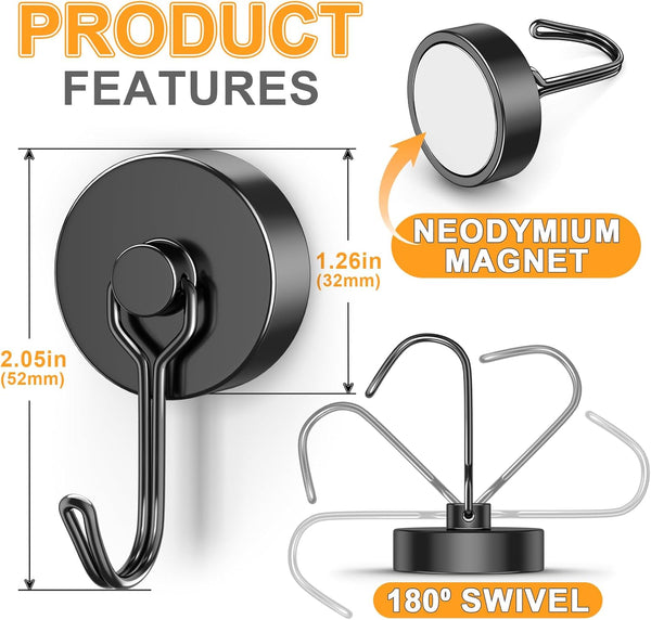 VNDUEEY 4 Pack 110LBS Magnetic Hooks Heavy Duty Neodymium Magnet Hooks for Hanging, Magnets with Hooks, Strong Swivel Magnetic Hooks for Fridge