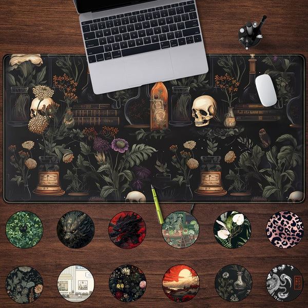 Vintage Aesthetic XL Extended Large Gaming Mouse Pad - Black Academia Mystical Green Plant Design - Computer Laptop Keyboard and Mouse Mat Desktop