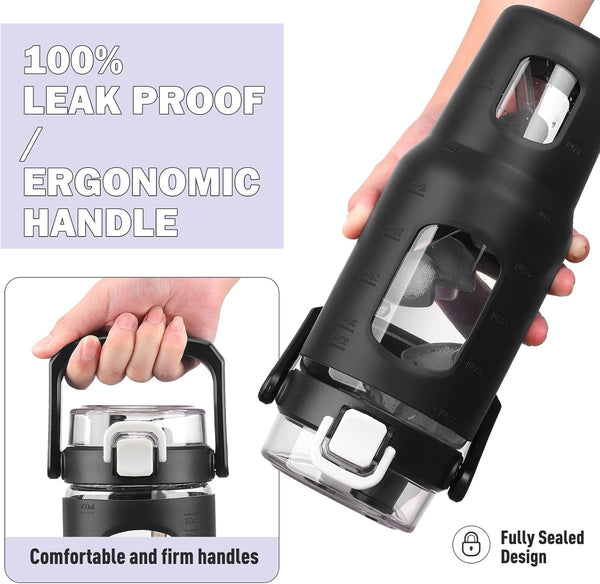 BLUEGO 32Oz Glass Water Bottle with Handle and Straw|Leakproof Sports Glass Bottle with Time Marker and Silicone Sleeve|Glass Drinking Bottle for