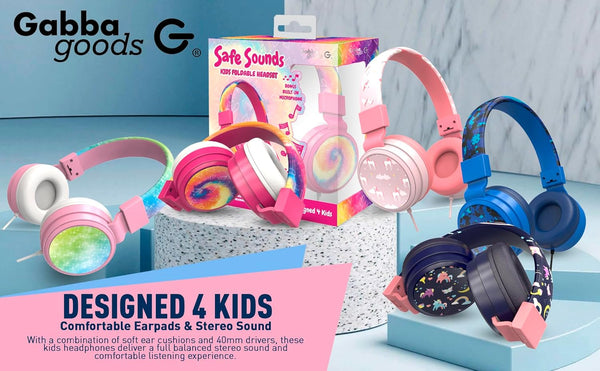 Gabba Goods Kids Safe Headphones, Foldable Tangle-Free 3.5mm Jack, Volume Limiting 85/94dB, Over-Ear with Microphone for