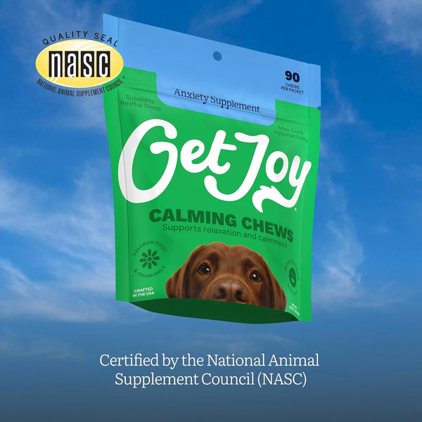 Get Joy Calm+ Stress Support Dog Supplement Chews, 90 Soft Chews, Chicken Flavor, Supports Sleep & Relaxation, with Chamomile & Valerian Root, Phd