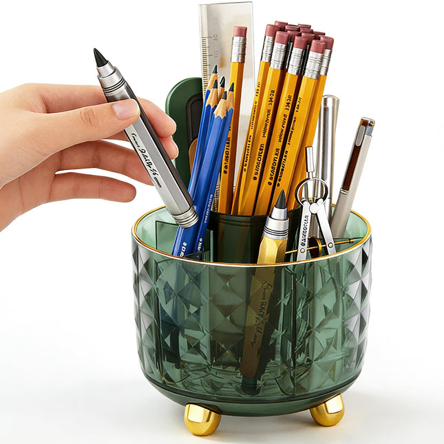 Dark Green Pen Pencil Holder for Desk, 360° Rotating Pen Organizer, Green Office Supplies, Cute Pen Holder, 6-Compartmen