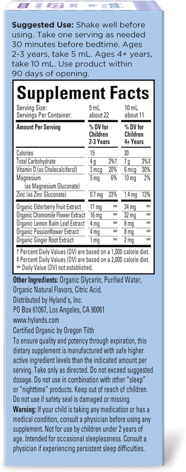 Hyland'S Kids Melatonin-Free Organic Sleep Calm and Immunity Liquid, Sugar-Free, Promotes Sleep and Supports Immune Health, Ages 2 and Up, Grape