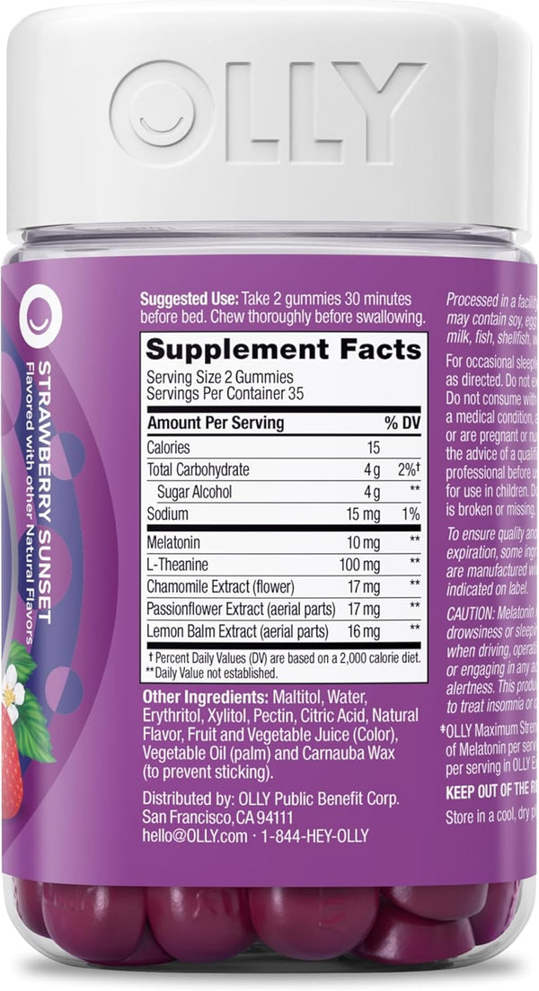 OLLY Max Strength Sleep Gummy, 10Mg Melatonin, L-Theanine, Chamomile, Lemon Balm, Sugar Free, Vegetarian Sleep Aid, Strawberry - 70 Count