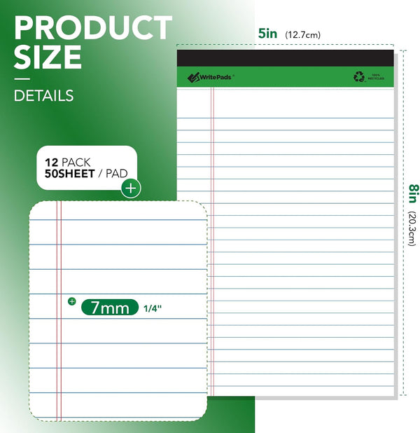 KAISA White Legal Pads Writing Pads Recycled Paper 5"X8" Narrow Ruled Lined Paper Small Legal Pad Perforated 50 Sheets Hard Back Notepads Writing