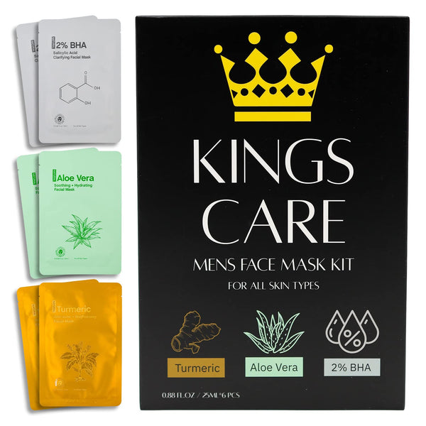 Mens Face Mask Skin Care Kit (6 Pack) - Turmeric Anti-Acne, Aloe Vera Soothing & 2% BHA Salicylic Acid Sheet Mask - Skin Care for Men Face Masks