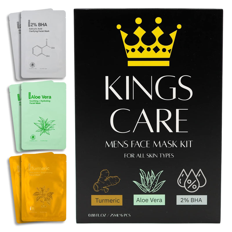 Mens Face Mask Skin Care Kit (6 Pack) - Turmeric Anti-Acne, Aloe Vera Soothing & 2% BHA Salicylic Acid Sheet Mask - Skin Care for Men Face Masks