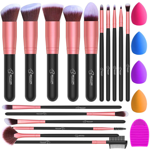 BESTOPE PRO 16Pcs Makeup Brushes Set, 4Pcs Beauty Blender Sponge Set and 1 Brush Cleaner, Premium Synthetic Foundation Brushes Blending Face