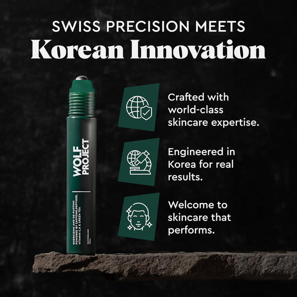 Wolf Project under Eye Roller - Korean Beauty, with Caffeine, Vitamin C and Peptides - Energizing Serum for Dark Circles and Puffiness, Fine