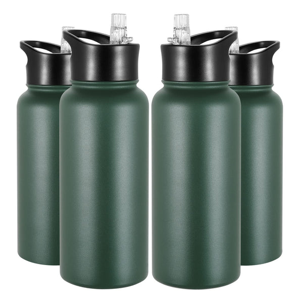 32 Oz Insulated Water Bottle Bulk 4 Pack, Stainless Steel Sports Water Bottles with Straw Lid & Wide Mouth Lids, Double Walled Vacuum, Leak Proof,