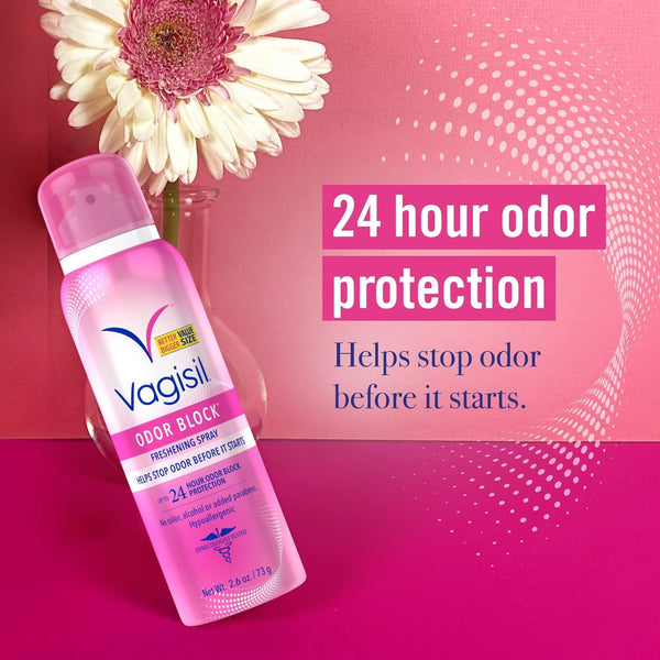 Vagisil Odor Block Dry Wash Spray for Feminine Hygiene, Gynecologist Tested, Hypoallergenic, 2.6 Ounces (Pack of 4)