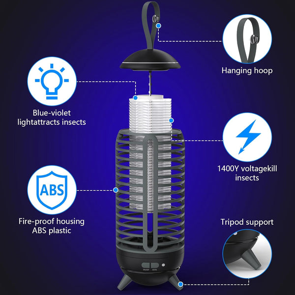 Bug Zapper Outdoor Rechargeable 2 in 1 Wireless Mosquito Killer Lamp 2500Mah Bug Zapper Electric Trap Ideal Fly Zapper Indoor for Patio, Home,