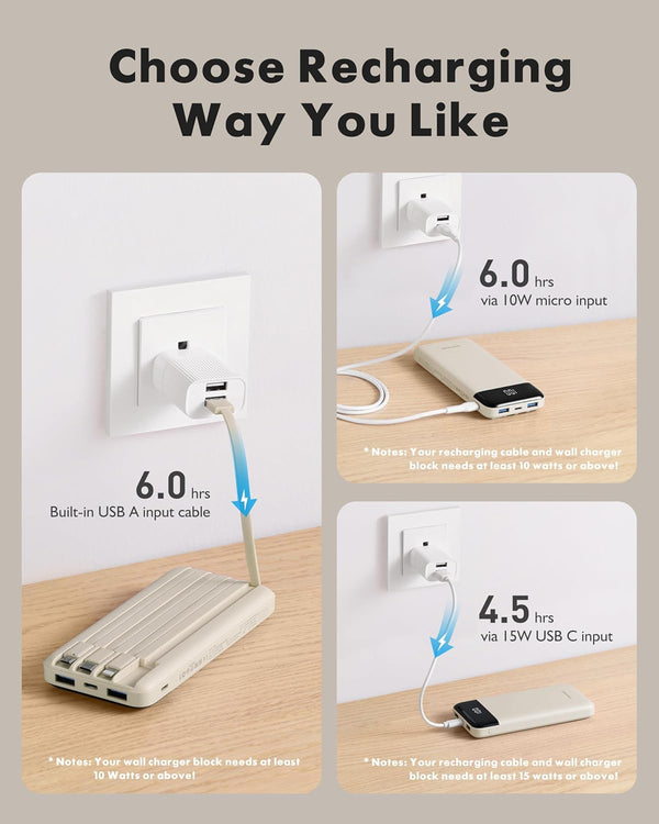Portable Charger with Built in Cables, Portable Charger with Cords Wires Slim 10000Mah Travel Essentials Battery Pack 6 Outputs 3A Fast Charging