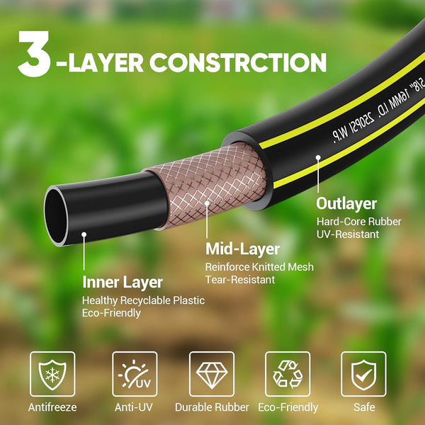 Garden Hose 10FT - PHLEX PRO Heavy-Duty Premium 5/8'' Rubber 3-Layer Water Hose - Flexible Hybrid Lightweight Water Hose, Full Brass Male to