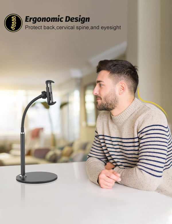 Cell Phone Stand, Adjustable Height & Angle Gooseneck Stand for Desk Flexible Arm Universal Holder, Aluminum Alloy Desktop Recording Compatible