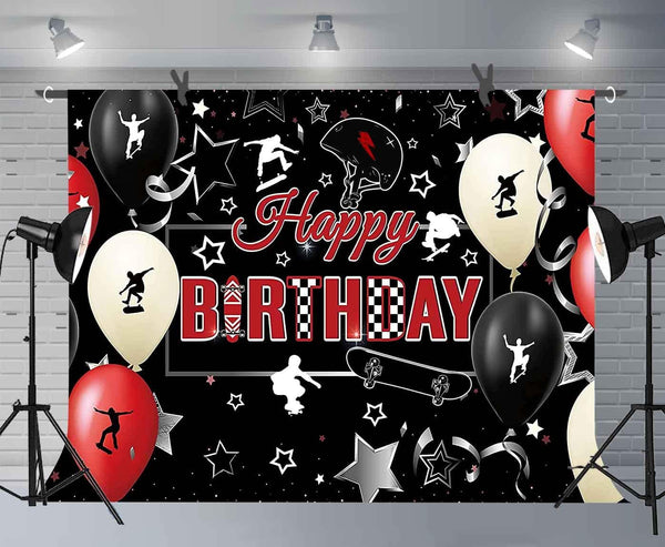 Skateboard Happy Birthday Backdrop 7X5Ft Extreme Sports Props Balloon Helmet Banner Photography Background for Teen Birthday Party Photo Booth