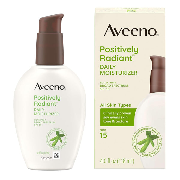 Aveeno Positively Radiant Daily Face Moisturizer with SPF 15 Sunscreen, Hydrating Facial Moisturizer with Soy Extract to Improve Skin Tone and