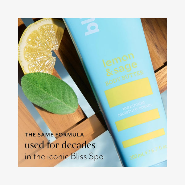 Bliss Lemon and Sage Body Butter - Maximum Moisture Cream - 6.7 Fl Oz Lotion for Dry Skin - Long-Lasting Moisturizer for Women & Men - Vegan and