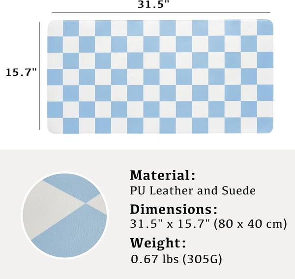 Checkered Desk Mat, 31.5" X 15.7" Large Cute Sky Blue Aesthetic Retro PU Leather Computer Laptop Desk Mat, Non-Slip Waterproof Mouse Keyboard Pad,
