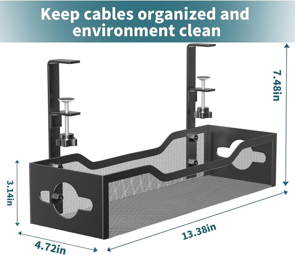 Under Desk Cable Management Tray No Drill, Metal Mesh Cable Management under Desk with Clamp Mount, 2 Hole Cable Tray with Wire Management and