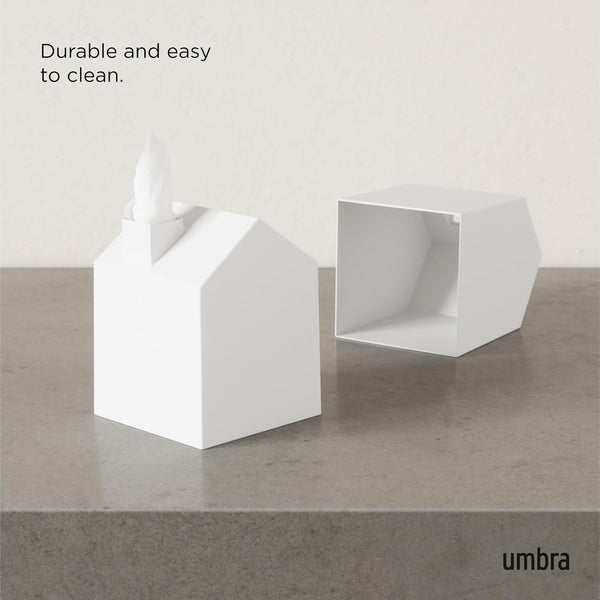 Umbra Casa Tissue Box Cover - Adorable House Shaped Square Tissue Box Holder for Bathroom, Bedroom or Office, White