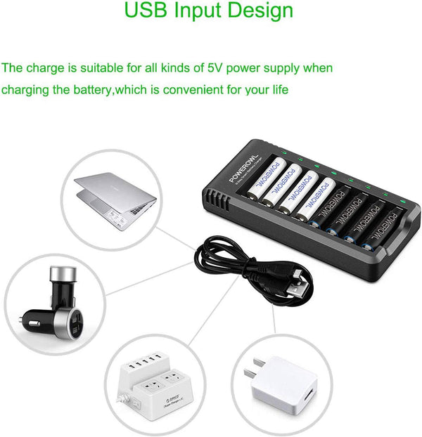 Rechargeable AA Batteries with Charger, POWEROWL 8 Pack of 2800Mah High Capacity Low Self Discharge Ni-Mh Double a Batteries with Smart 8 Bay