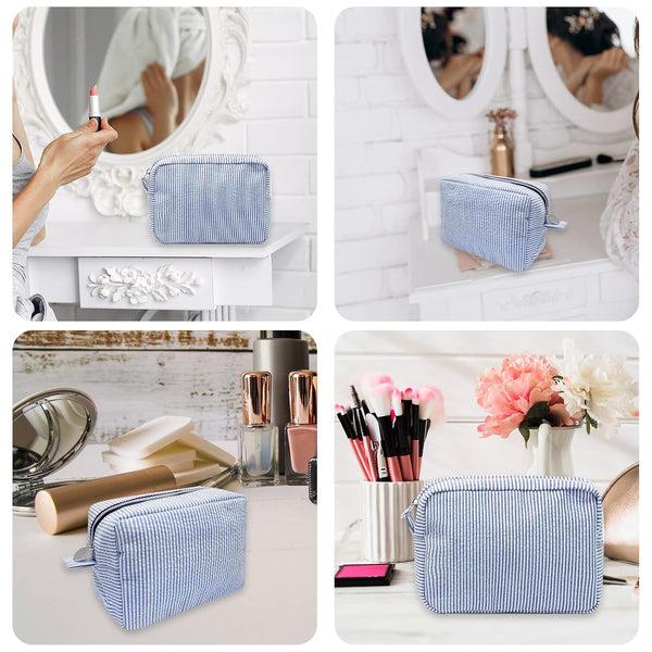 GFU Makeup Bag for Women, Cute Cosmetic Bag, Lightweight Toiletry Make up Bag, Large Seersucker Aesthetic Organizer Storage Pouch for Girls, Women
