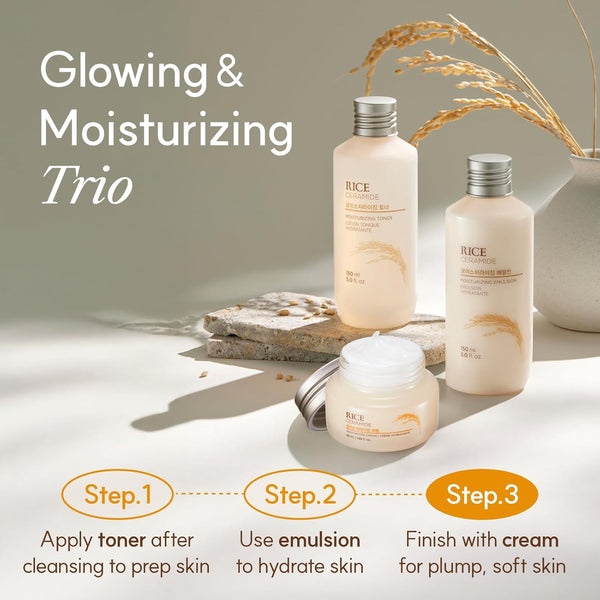 The Face Shop Rice Ceramide Moisturizing Cream - Rice Extract + Rice Bran Oil - Hydrating Targets Dryness, Brightening - Dermatologically Tested -