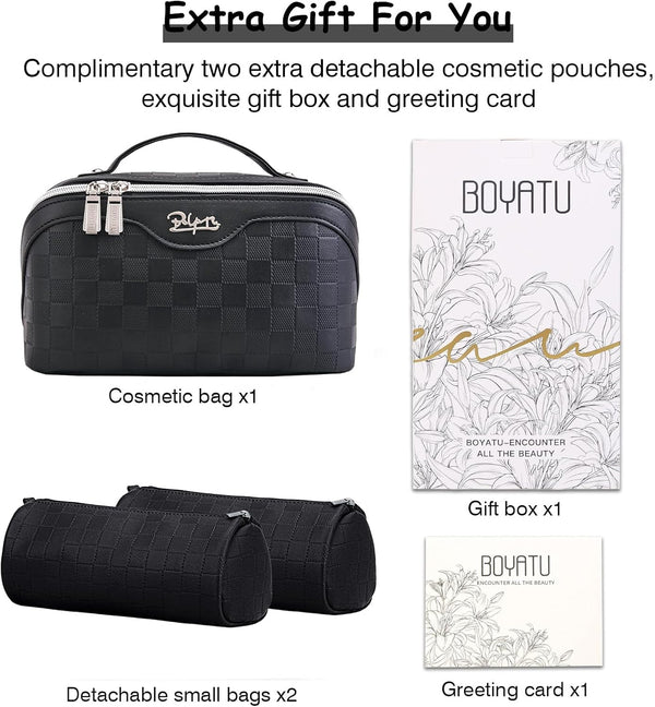BOYATU Travel Makeup Bag Organizer Cosmetic Bag: 3 Pcs Set Make up Bags for Women with Handle - Waterproof Vegan Leather Toiletry Bags with