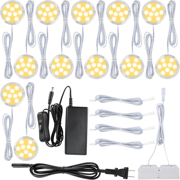 Collection Cabinet Display Lighting Kit, round LED Puck Lights, 110V Direct Electric Wired & Wall Plugged In, 12-Way Octopus Junction Box, on and