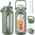 BLUEGO 64Oz Glass Water Bottles with 2 Lids Flip Lid and Spout Lid Half Gallon Water Bottle with Straw 2L Large Water Bottle with Time and