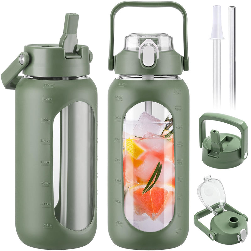 BLUEGO 64Oz Glass Water Bottles with 2 Lids Flip Lid and Spout Lid Half Gallon Water Bottle with Straw 2L Large Water Bottle with Time and